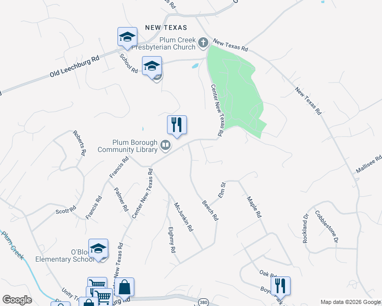 map of restaurants, bars, coffee shops, grocery stores, and more near 104 Beech Road in Pittsburgh