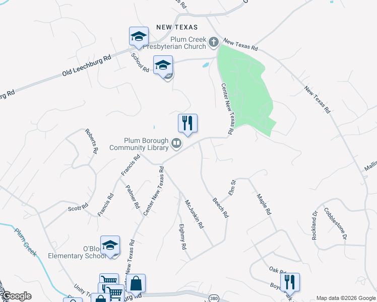 map of restaurants, bars, coffee shops, grocery stores, and more near 440 Center New Texas Road in Plum
