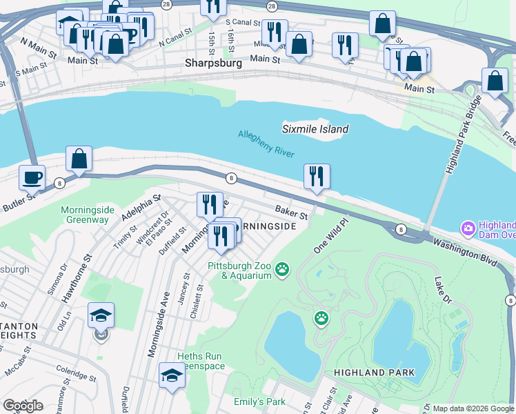 map of restaurants, bars, coffee shops, grocery stores, and more near 7209 Ballard Way in Pittsburgh