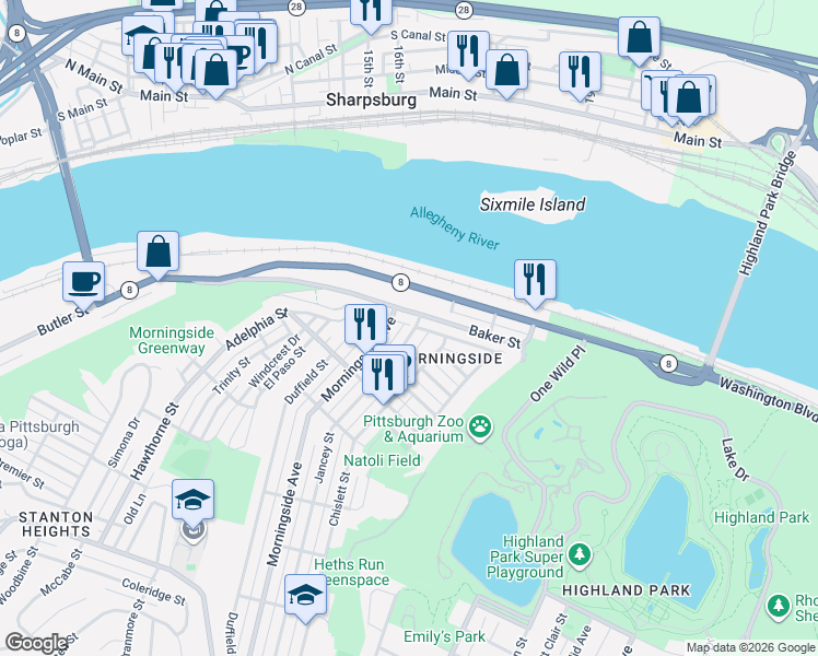 map of restaurants, bars, coffee shops, grocery stores, and more near 7102 Baker Street in Pittsburgh