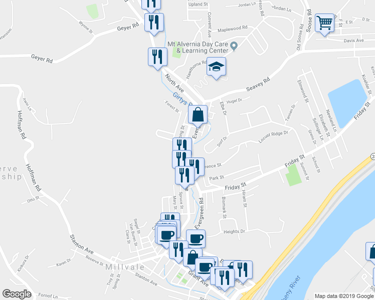 map of restaurants, bars, coffee shops, grocery stores, and more near 726 Evergreen Road in Pittsburgh