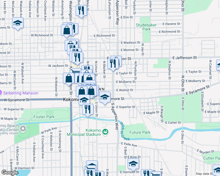 map of restaurants, bars, coffee shops, grocery stores, and more near 210 North Market Street in Kokomo
