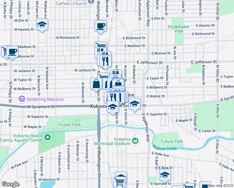 map of restaurants, bars, coffee shops, grocery stores, and more near 215 North Main Street in Kokomo
