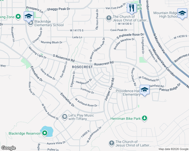 map of restaurants, bars, coffee shops, grocery stores, and more near 14493 Stone Stream Street in Herriman