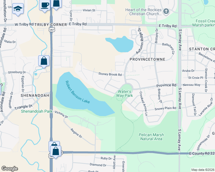 map of restaurants, bars, coffee shops, grocery stores, and more near 505 Coyote Trail Drive in Fort Collins