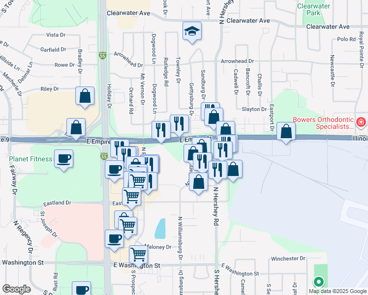 map of restaurants, bars, coffee shops, grocery stores, and more near 2109 East Empire Street in Bloomington