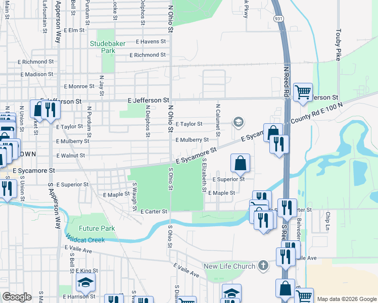 map of restaurants, bars, coffee shops, grocery stores, and more near 1234 East Sycamore Street in Kokomo