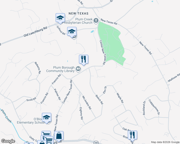 map of restaurants, bars, coffee shops, grocery stores, and more near 104 Beech Road in Pittsburgh