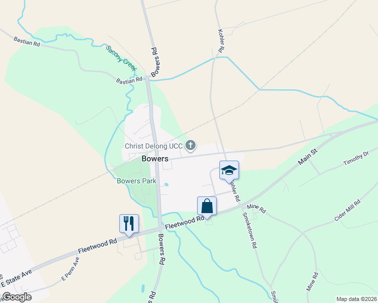 map of restaurants, bars, coffee shops, grocery stores, and more near 63 Old Bowers Road in Mertztown