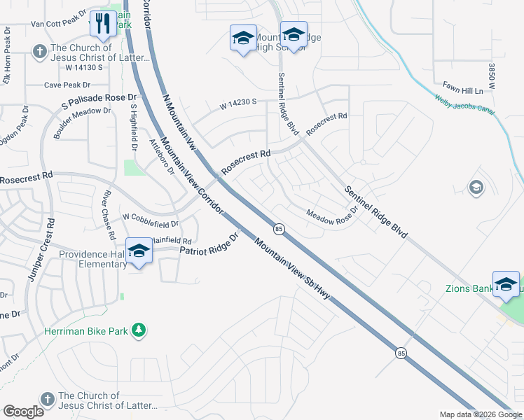 map of restaurants, bars, coffee shops, grocery stores, and more near 14512 South Quiet Shade Drive in Riverton
