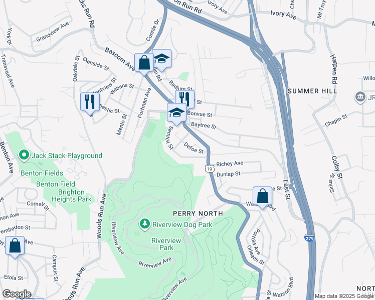 map of restaurants, bars, coffee shops, grocery stores, and more near 40 Defoe Street in Pittsburgh