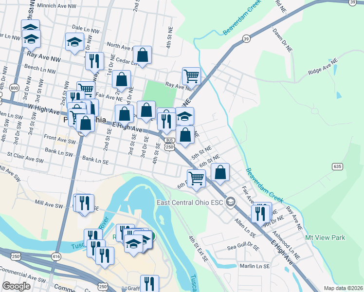map of restaurants, bars, coffee shops, grocery stores, and more near 470 Fair Avenue Northeast in New Philadelphia