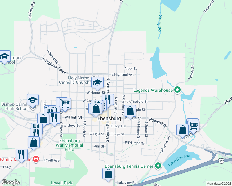 map of restaurants, bars, coffee shops, grocery stores, and more near 199 E Horner St in Ebensburg