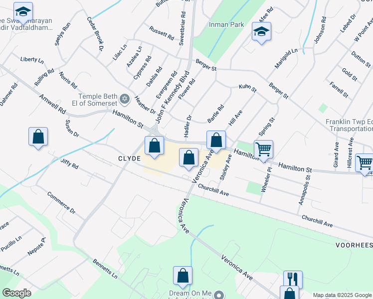 map of restaurants, bars, coffee shops, grocery stores, and more near 1370 Hamilton Street in Franklin Township