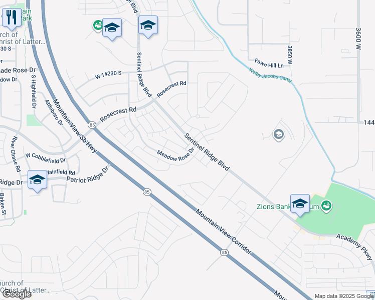 map of restaurants, bars, coffee shops, grocery stores, and more near 14488 South Selvig Way in Herriman