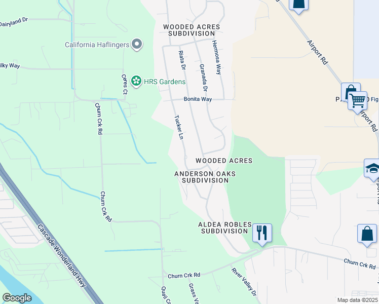 map of restaurants, bars, coffee shops, grocery stores, and more near 6900 Tucker Ln in Redding