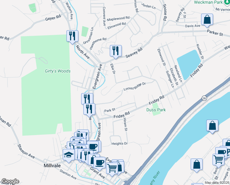map of restaurants, bars, coffee shops, grocery stores, and more near 105 Dorf Drive in Pittsburgh