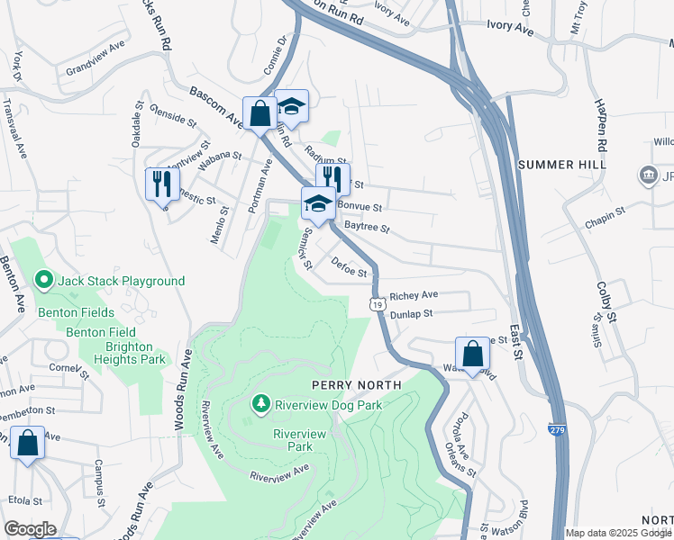 map of restaurants, bars, coffee shops, grocery stores, and more near 40 Defoe Street in Pittsburgh