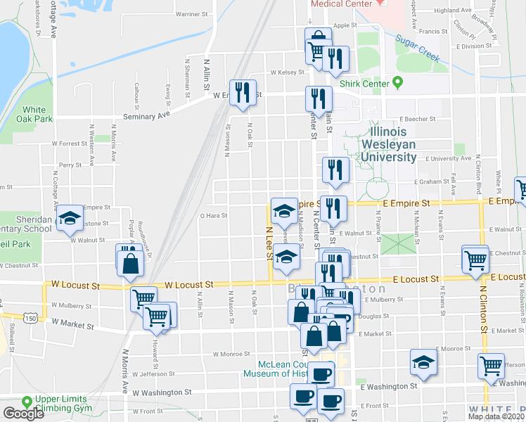 map of restaurants, bars, coffee shops, grocery stores, and more near 916 North Lee Street in Bloomington