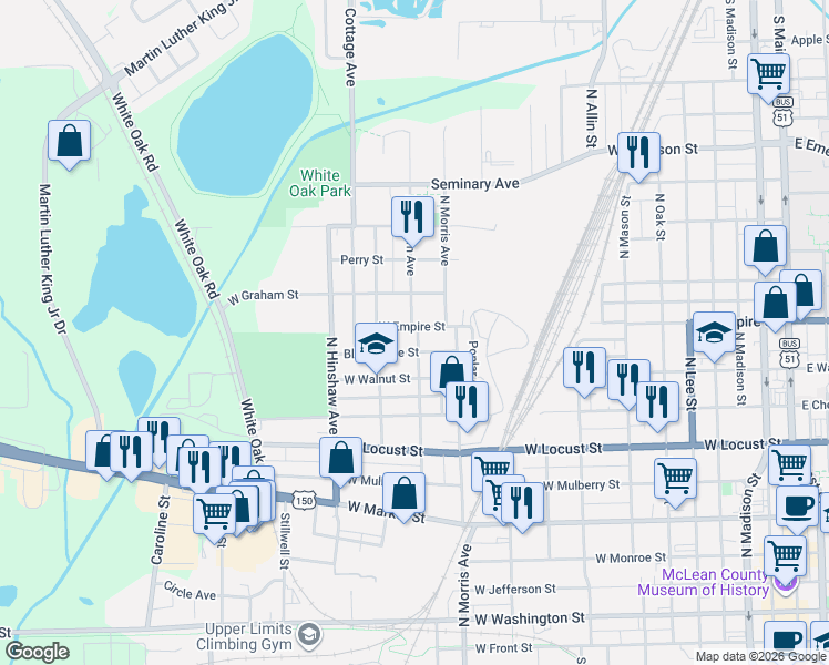 map of restaurants, bars, coffee shops, grocery stores, and more near 1101 North Western Avenue in Bloomington