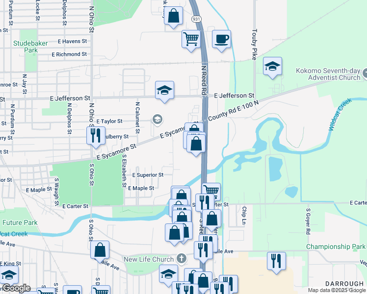 map of restaurants, bars, coffee shops, grocery stores, and more near 1621 East Sycamore Street in Kokomo
