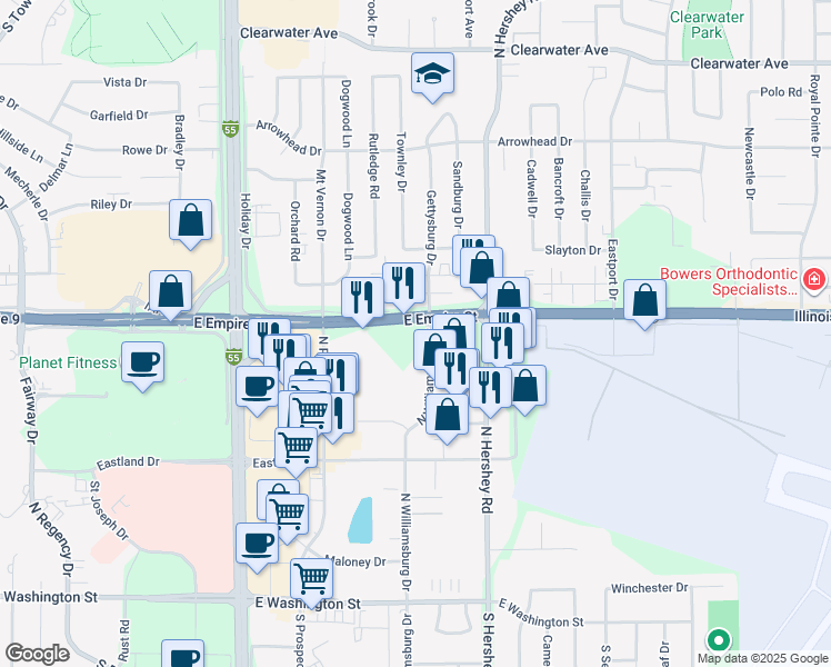 map of restaurants, bars, coffee shops, grocery stores, and more near 2109 East Empire Street in Bloomington