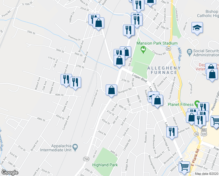 map of restaurants, bars, coffee shops, grocery stores, and more near 3709-31 7th Avenue in Altoona