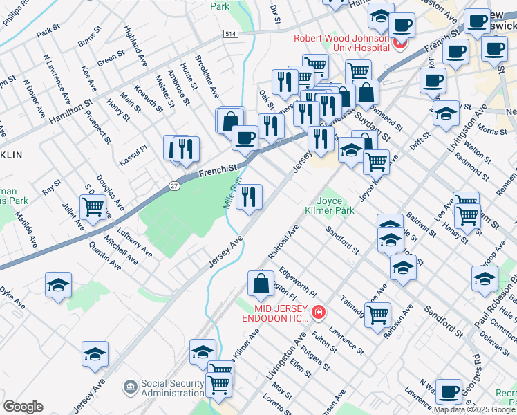 map of restaurants, bars, coffee shops, grocery stores, and more near 121 Jersey Avenue in New Brunswick
