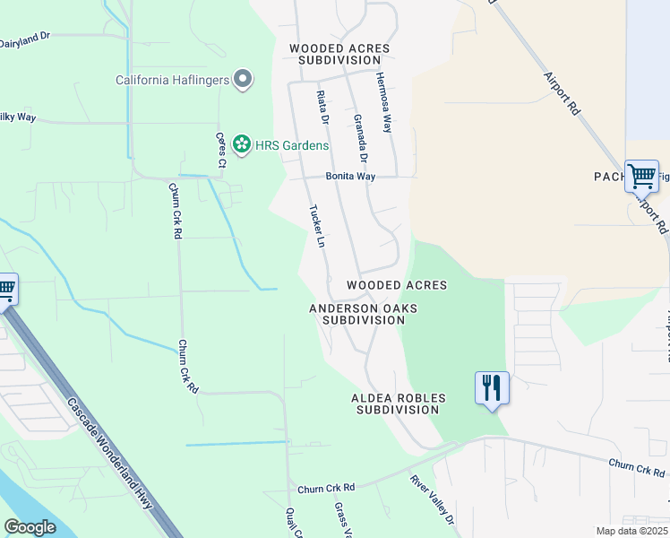 map of restaurants, bars, coffee shops, grocery stores, and more near 6900 Tucker Ln in Redding