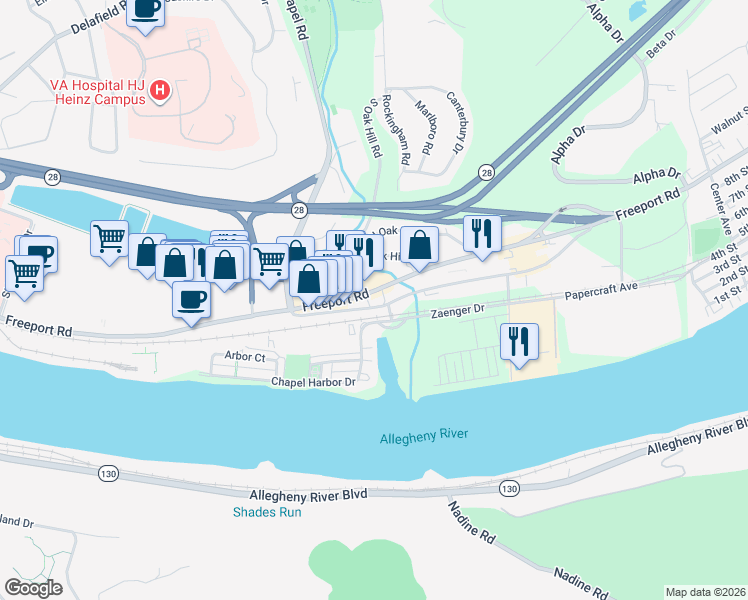 map of restaurants, bars, coffee shops, grocery stores, and more near 1150 Freeport Road in Pittsburgh