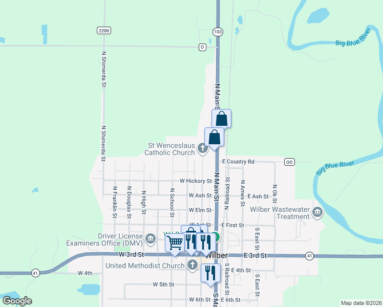 map of restaurants, bars, coffee shops, grocery stores, and more near 519 North Harris Street in Wilber