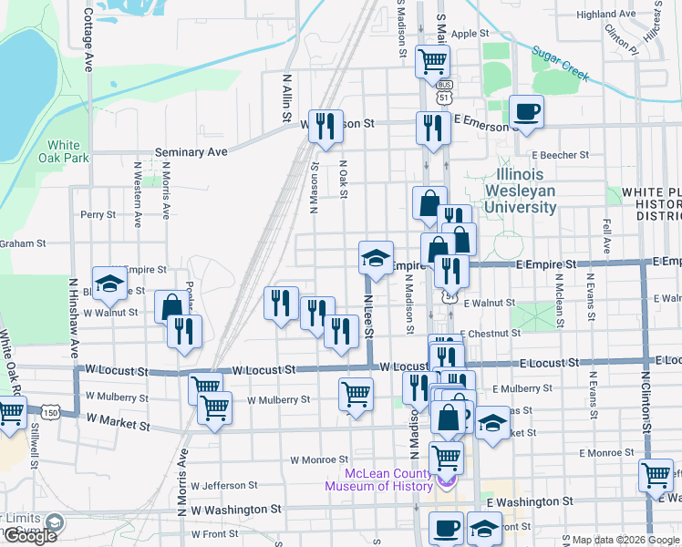 map of restaurants, bars, coffee shops, grocery stores, and more near 918 North Oak Street in Bloomington