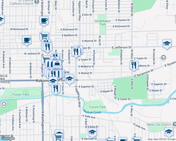 map of restaurants, bars, coffee shops, grocery stores, and more near 210 Longview Street in Kokomo