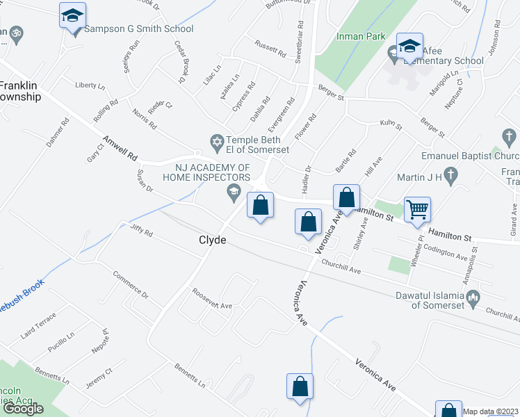 map of restaurants, bars, coffee shops, grocery stores, and more near 25 Clyde Road in Franklin Township