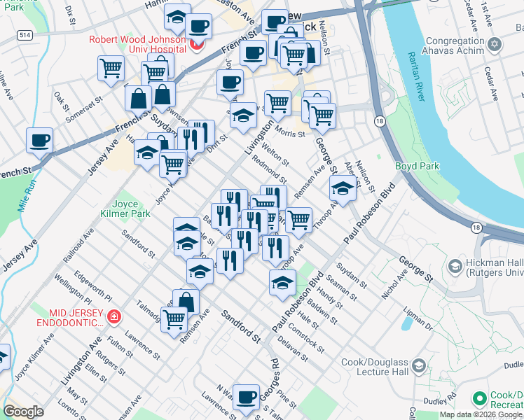 map of restaurants, bars, coffee shops, grocery stores, and more near 184 Suydam Street in New Brunswick