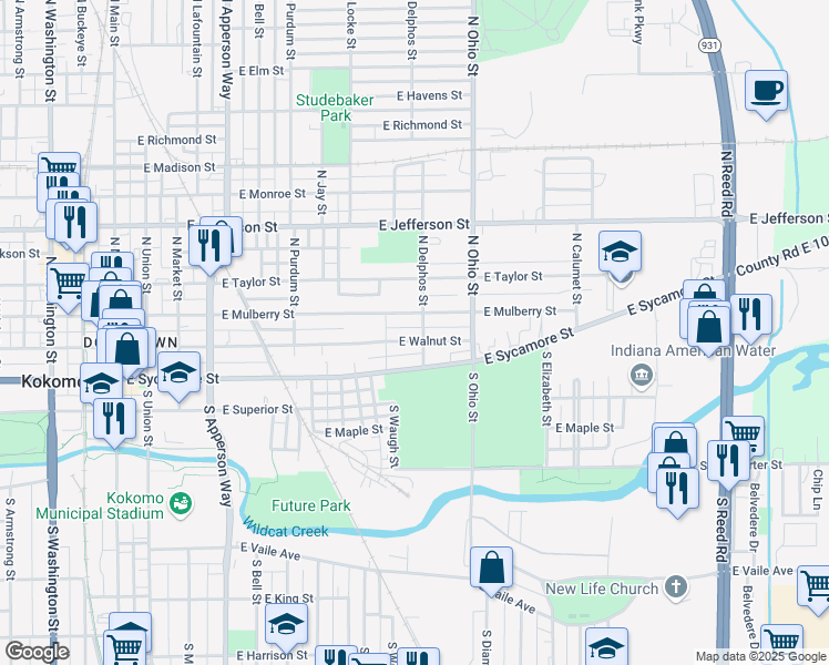 map of restaurants, bars, coffee shops, grocery stores, and more near 1014 East Walnut Street in Kokomo