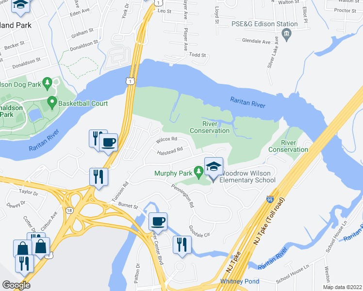 map of restaurants, bars, coffee shops, grocery stores, and more near 49 Wilcox Road in New Brunswick