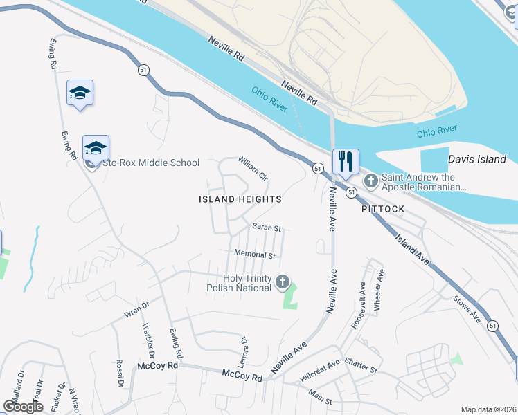 map of restaurants, bars, coffee shops, grocery stores, and more near 180 William Circle in McKees Rocks