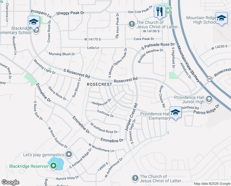 map of restaurants, bars, coffee shops, grocery stores, and more near 14493 Stone Stream Street in Herriman