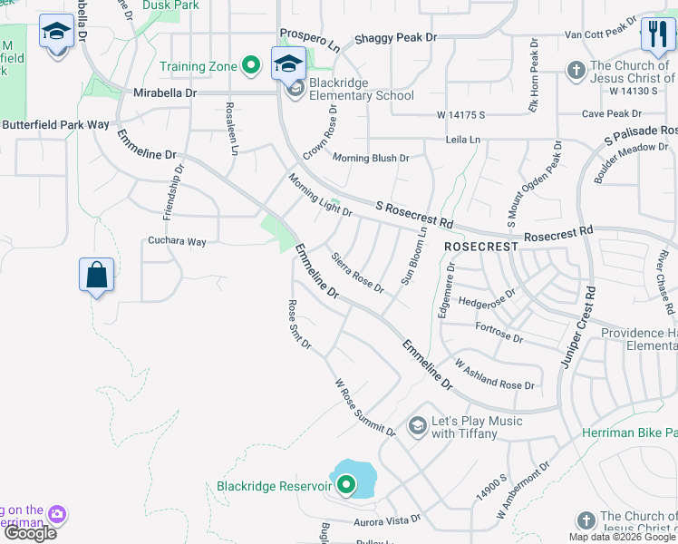 map of restaurants, bars, coffee shops, grocery stores, and more near 5477 Sierra Rose Drive in Herriman