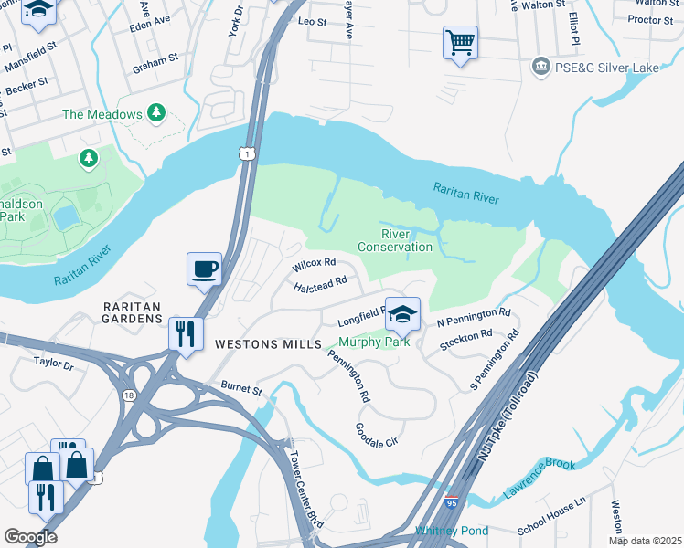 map of restaurants, bars, coffee shops, grocery stores, and more near 49 Wilcox Road in New Brunswick