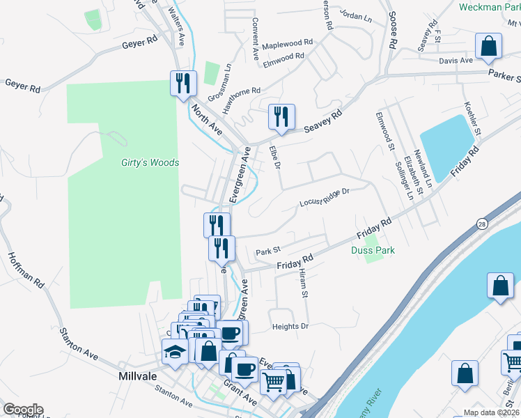 map of restaurants, bars, coffee shops, grocery stores, and more near 124 Dorf Drive in Pittsburgh