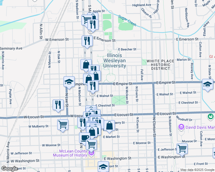map of restaurants, bars, coffee shops, grocery stores, and more near 917 North East Street in Bloomington
