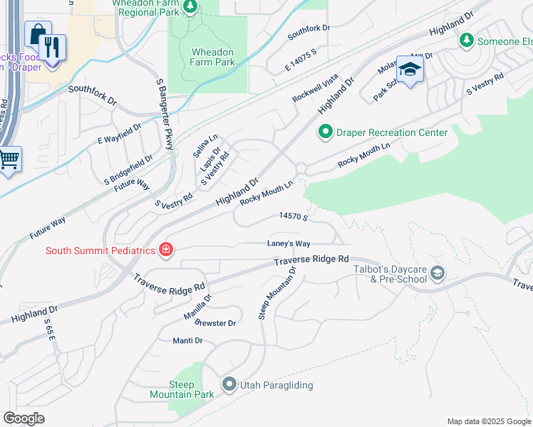 map of restaurants, bars, coffee shops, grocery stores, and more near 547 Rocky Knoll Lane in Draper