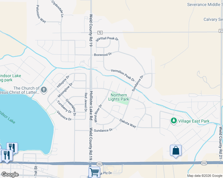 map of restaurants, bars, coffee shops, grocery stores, and more near 601 Wind River Court in Windsor