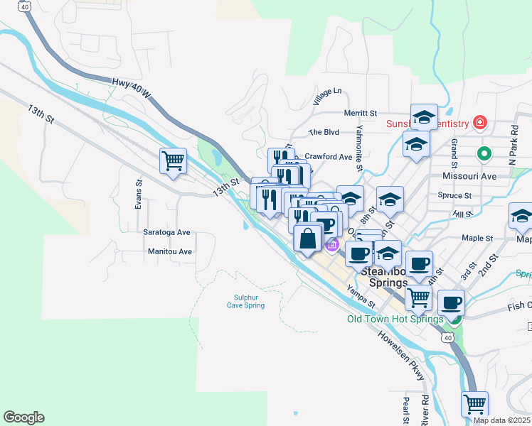 map of restaurants, bars, coffee shops, grocery stores, and more near 1136 Yampa Street in Steamboat Springs