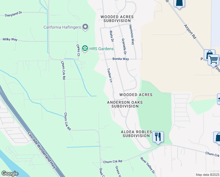 map of restaurants, bars, coffee shops, grocery stores, and more near 6900 Tucker Lane in Redding