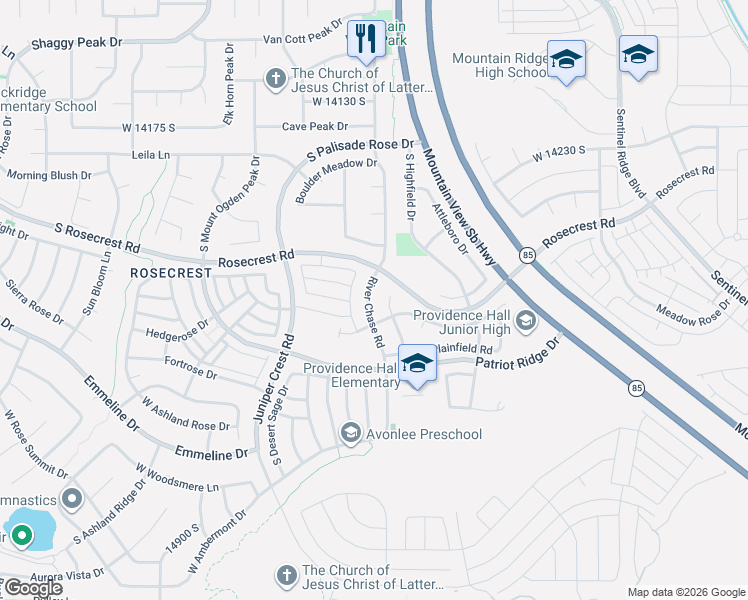 map of restaurants, bars, coffee shops, grocery stores, and more near 14499 River Chase Road in Herriman