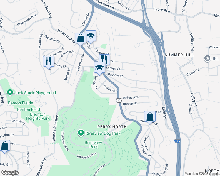 map of restaurants, bars, coffee shops, grocery stores, and more near 40 Defoe Street in Pittsburgh