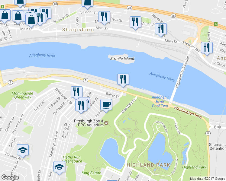 map of restaurants, bars, coffee shops, grocery stores, and more near 7302 Butler St in Pittsburgh